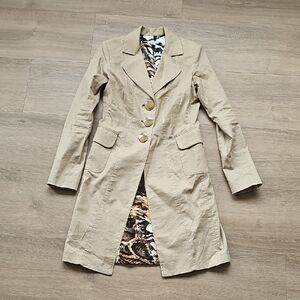 Cache Tan Linen Trench Coat with Patterned Lining Size Small